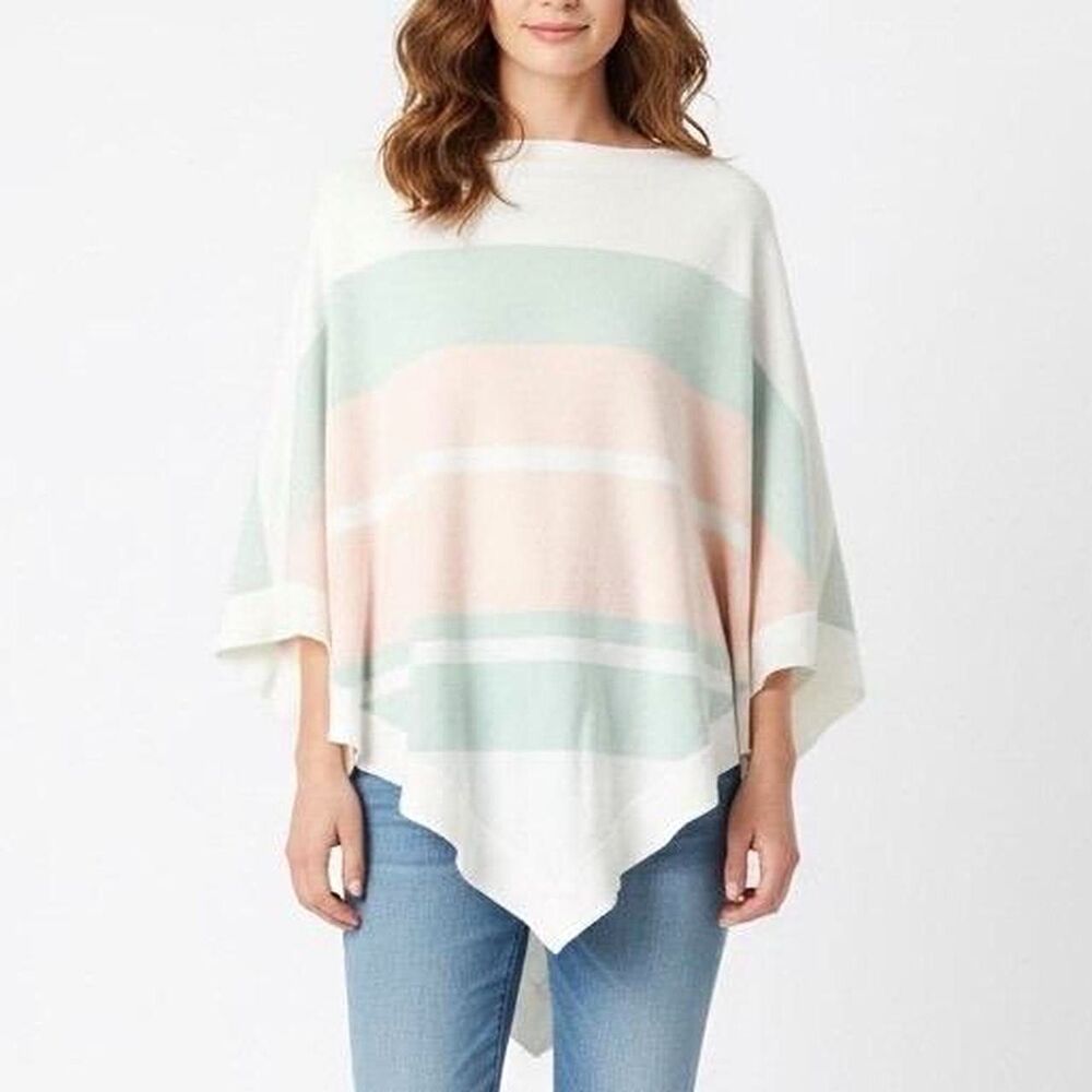 Barefoot Dreams CozyChic Ultra Lite Striped Poncho Sweater One Size White Pastel